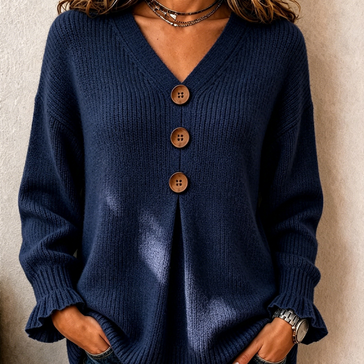 V-Neck Button Front Cotton Knit Sweater