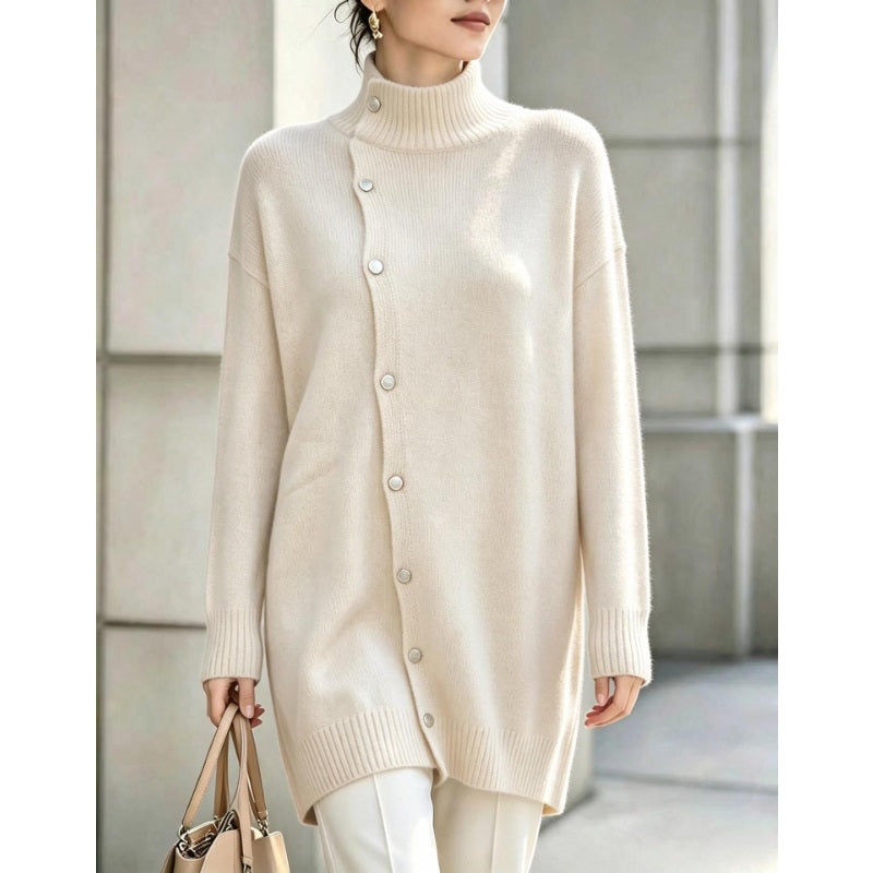 Long Turtleneck Sweater with Asymmetric Buttons