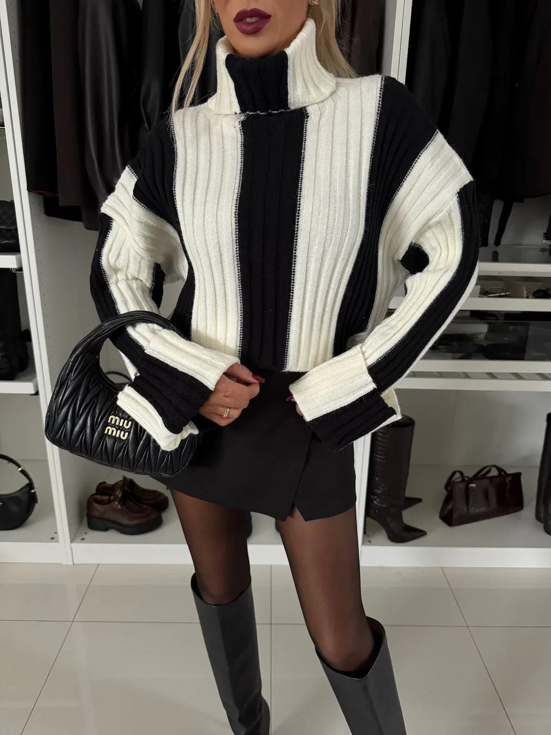 Striped High-Neck Chunky Knit Sweater