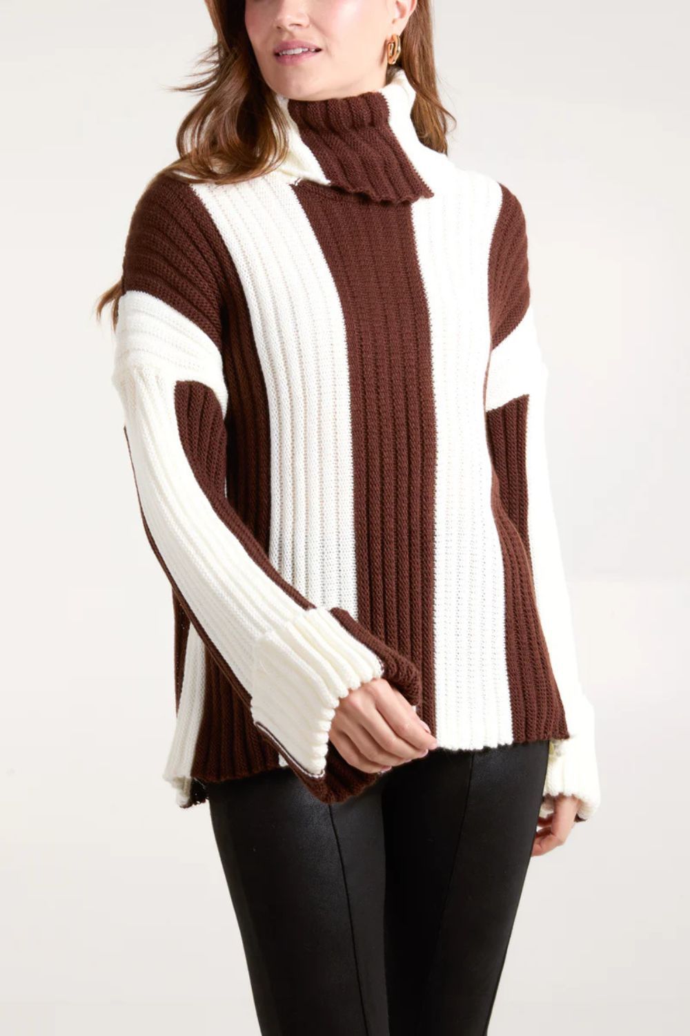 Striped High-Neck Chunky Knit Sweater