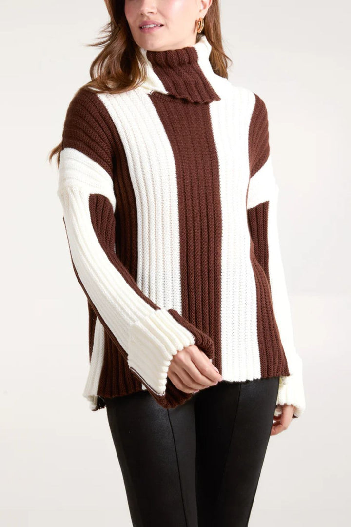 Striped High-Neck Chunky Knit Sweater
