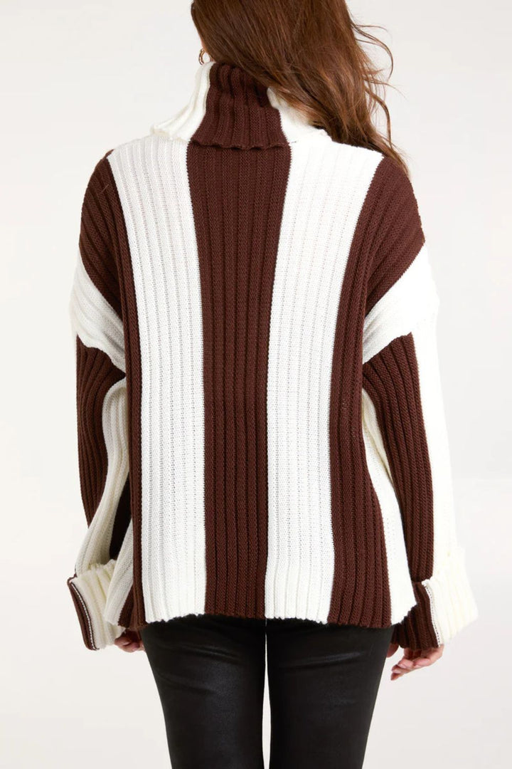 Striped High-Neck Chunky Knit Sweater
