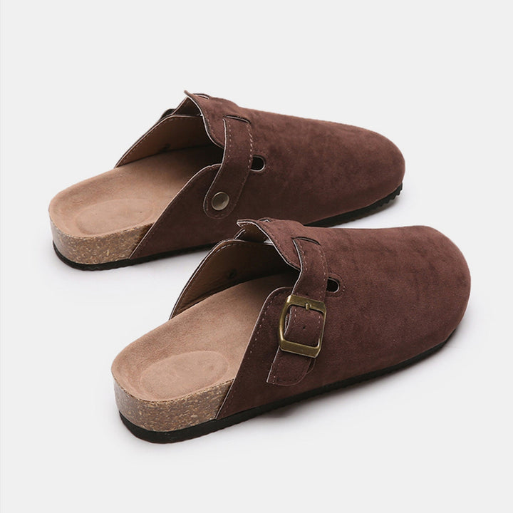 Suede Closed-Toe Buckle Mules