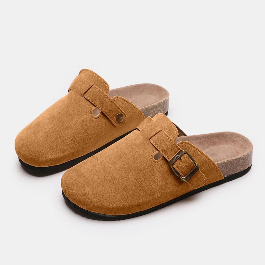 Suede Closed-Toe Buckle Mules