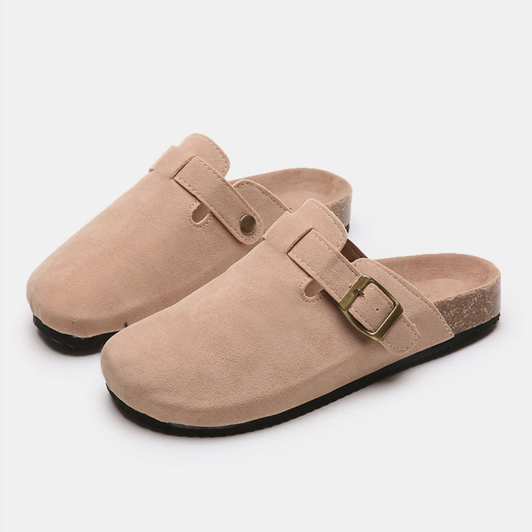 Suede Closed-Toe Buckle Mules