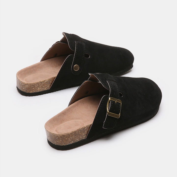 Suede Closed-Toe Buckle Mules
