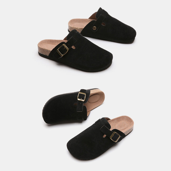 Suede Closed-Toe Buckle Mules