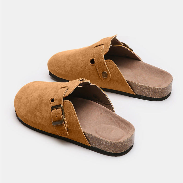 Suede Closed-Toe Buckle Mules