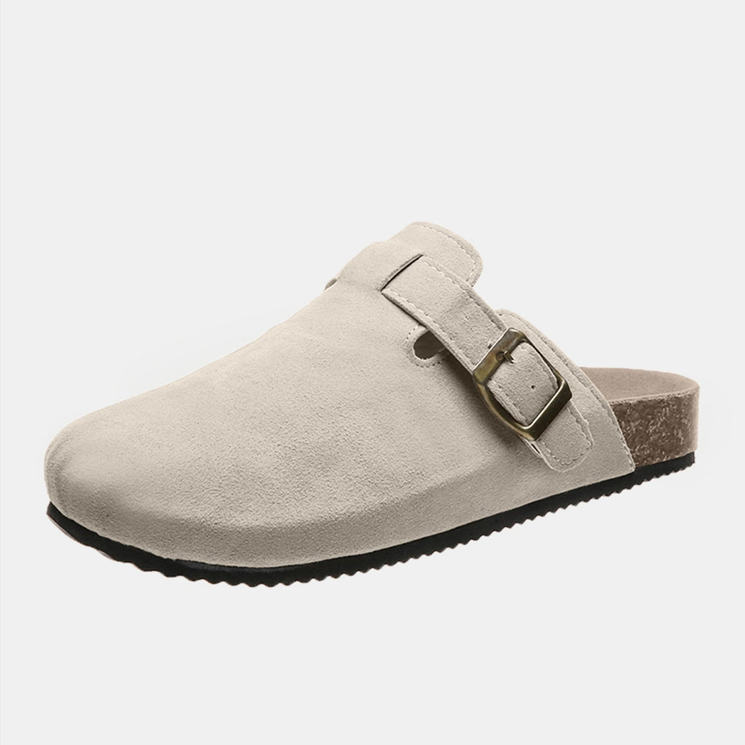 Suede Closed-Toe Buckle Mules