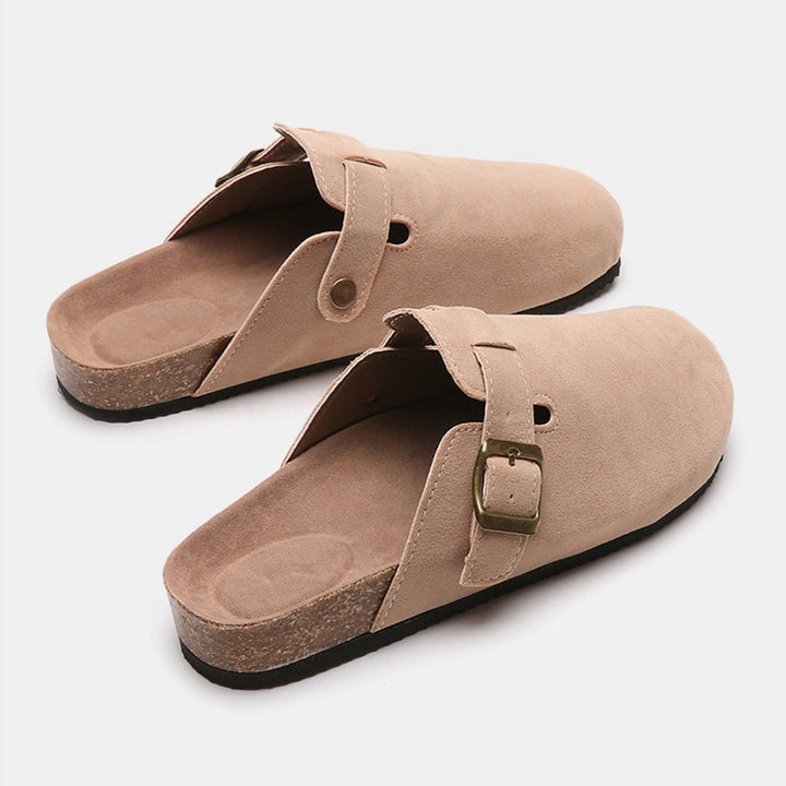 Suede Closed-Toe Buckle Mules