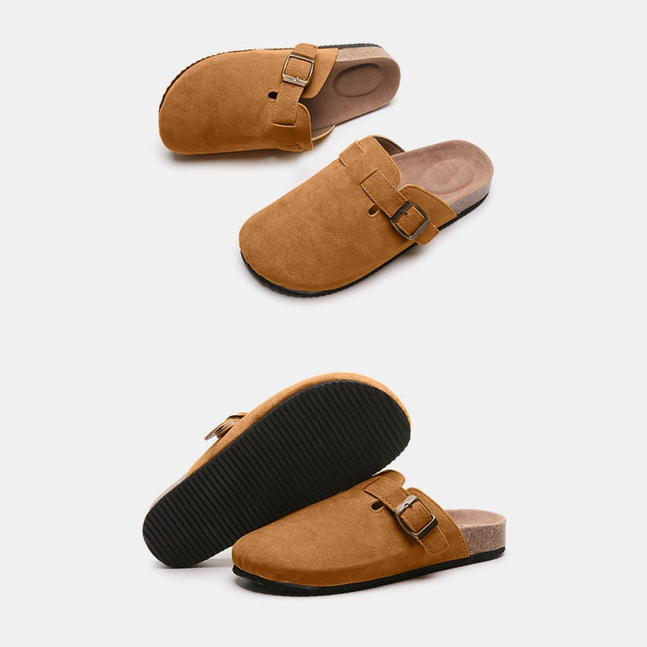 Suede Closed-Toe Buckle Mules