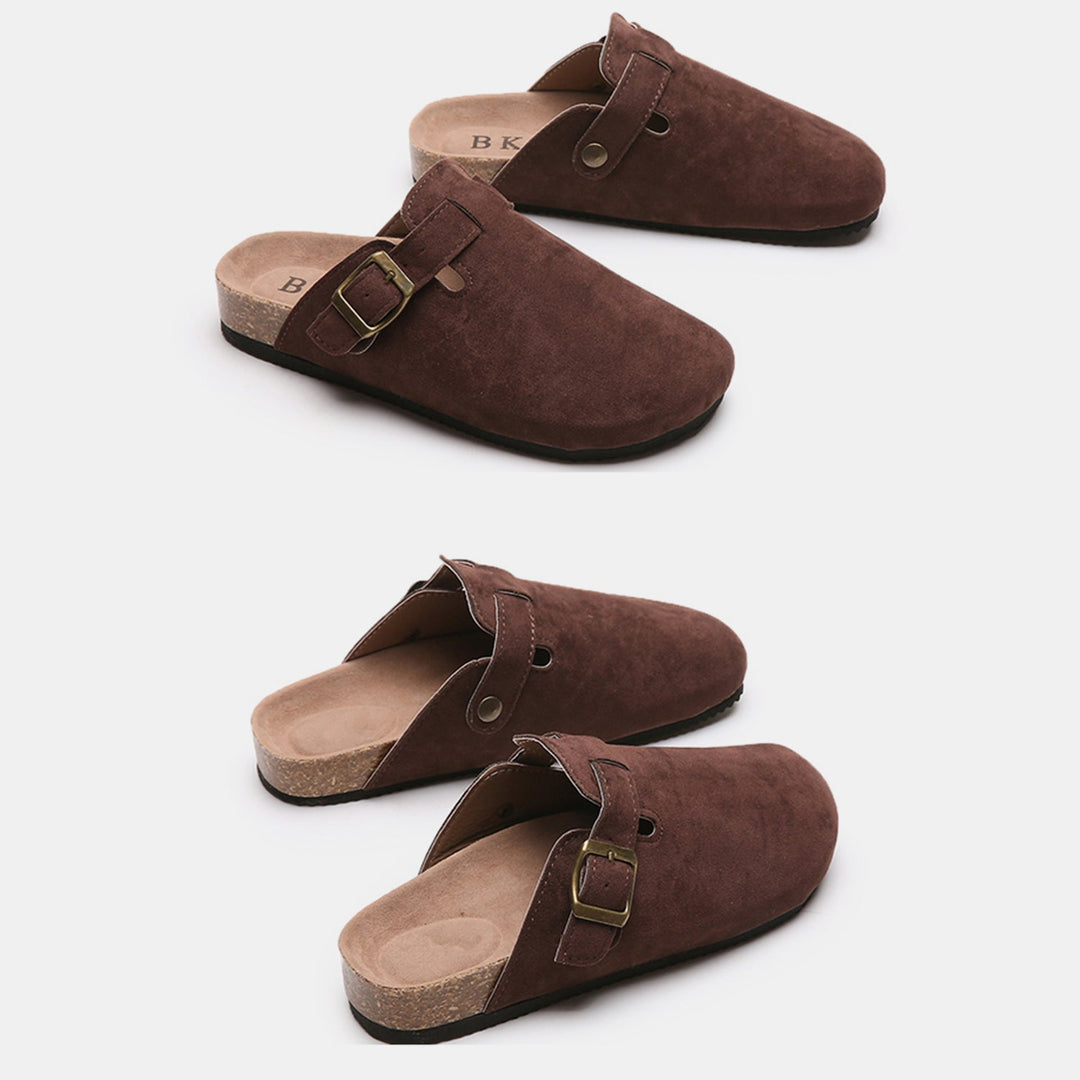 Suede Closed-Toe Buckle Mules