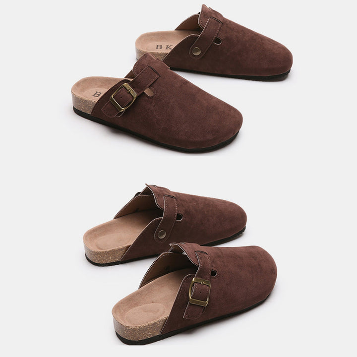 Suede Closed-Toe Buckle Mules