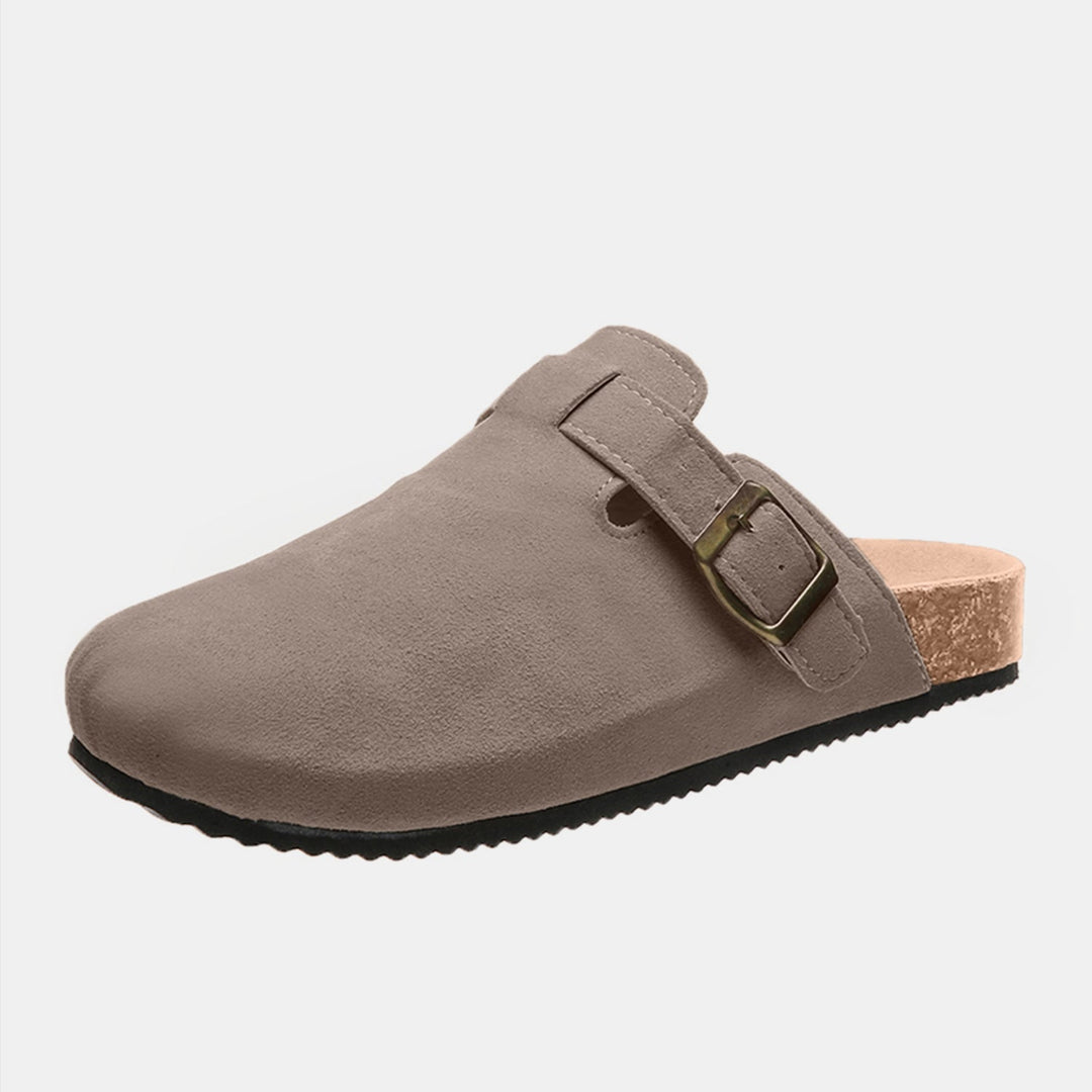 Suede Closed-Toe Buckle Mules