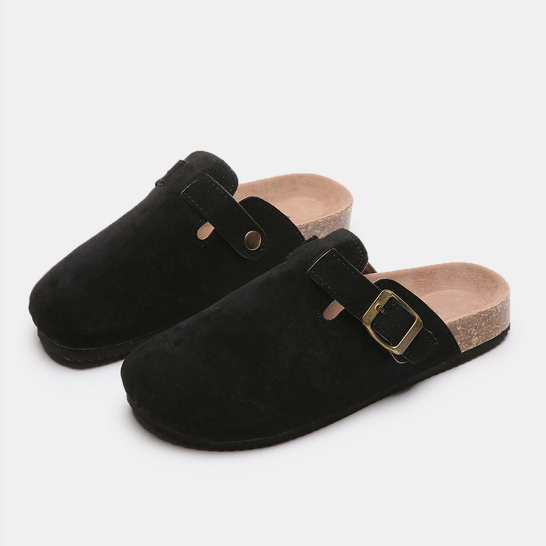 Suede Closed-Toe Buckle Mules