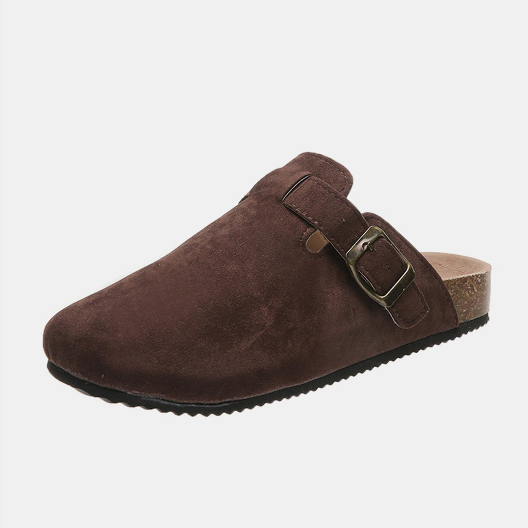 Suede Closed-Toe Buckle Mules