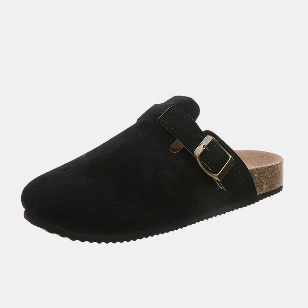 Suede Closed-Toe Buckle Mules