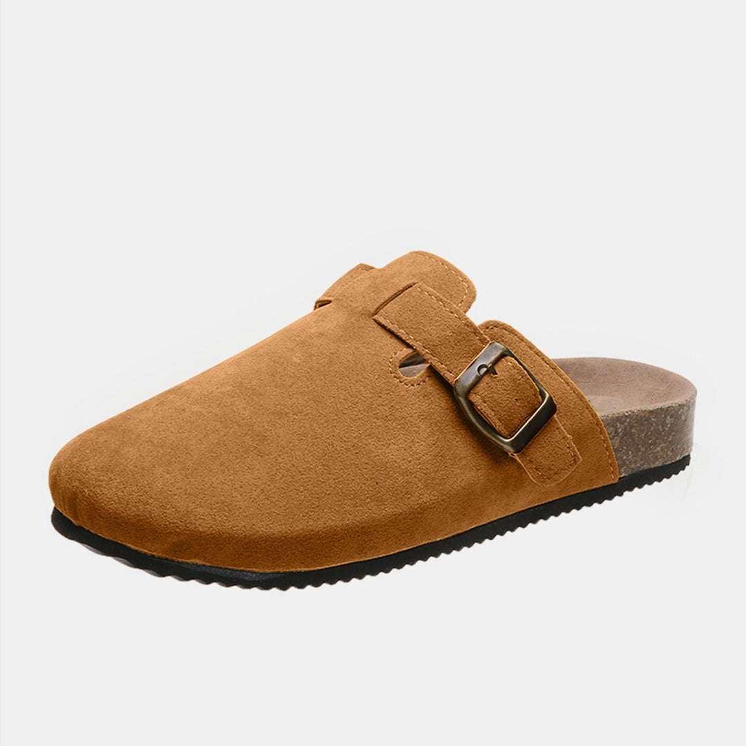 Suede Closed-Toe Buckle Mules