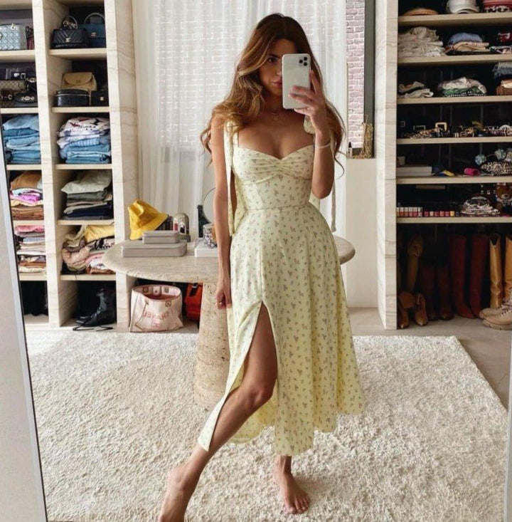 Elegant Floral Thigh Split Dress