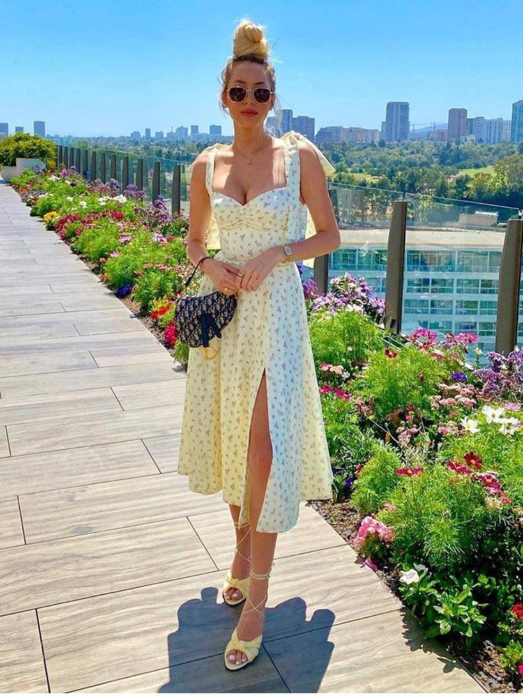 Elegant Floral Thigh Split Dress