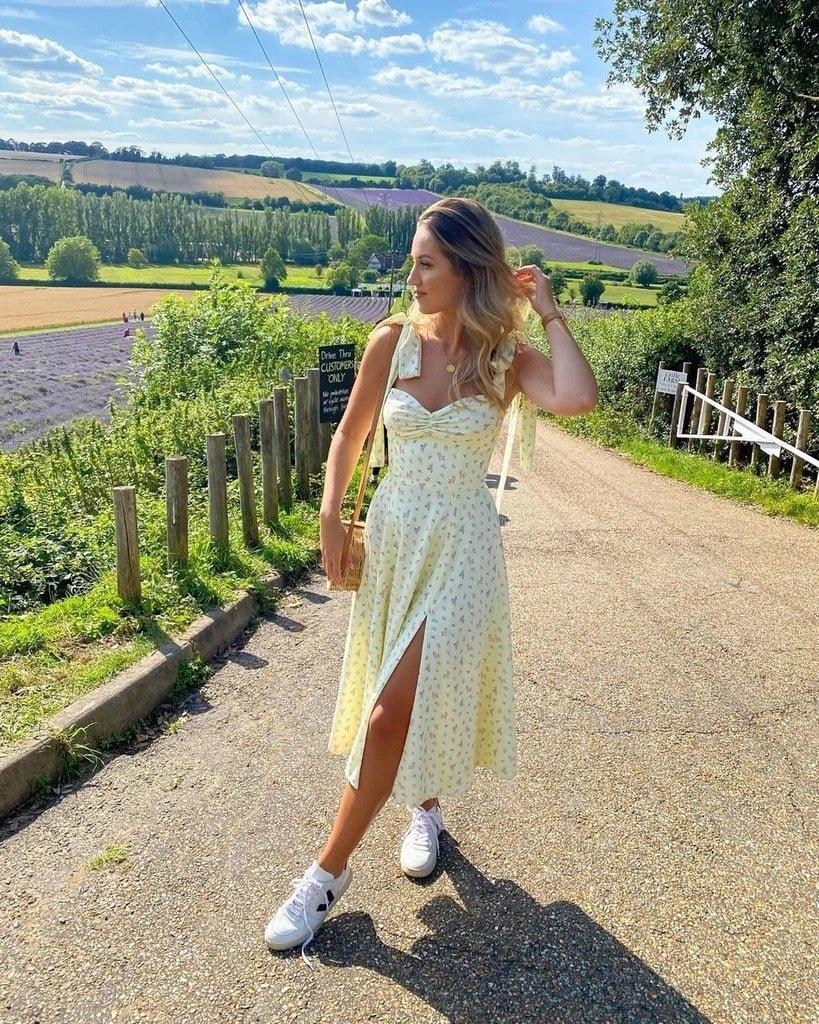 Elegant Floral Thigh Split Dress