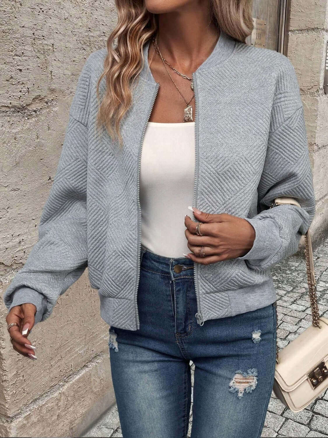 Textured Zip Up Long Sleeve Jacket