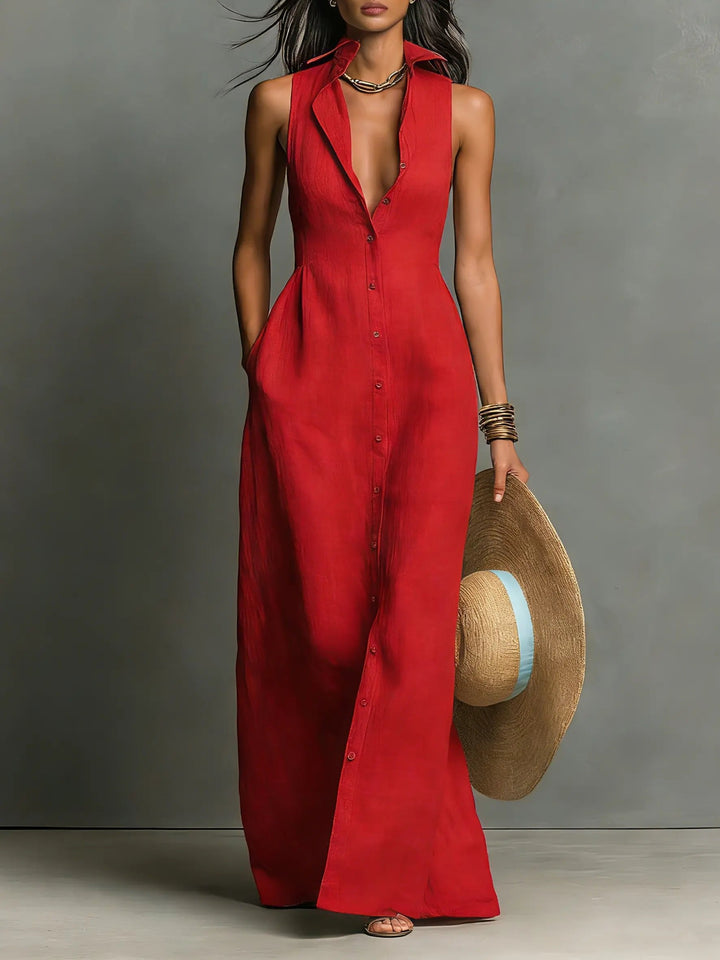 Sleeveless Maxi Shirt Dress with Button Front