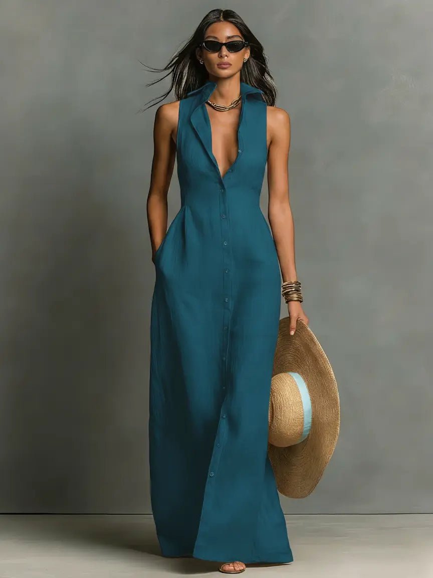 Sleeveless Maxi Shirt Dress with Button Front