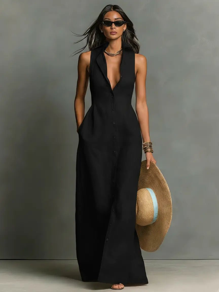 Sleeveless Maxi Shirt Dress with Button Front