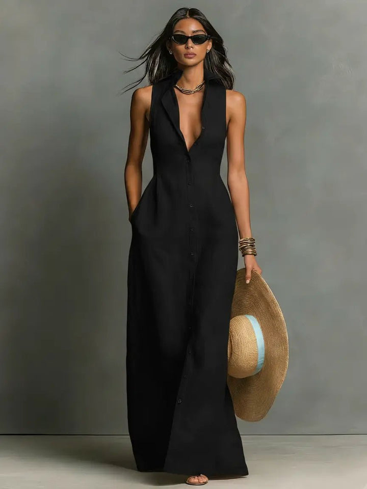Sleeveless Maxi Shirt Dress with Button Front