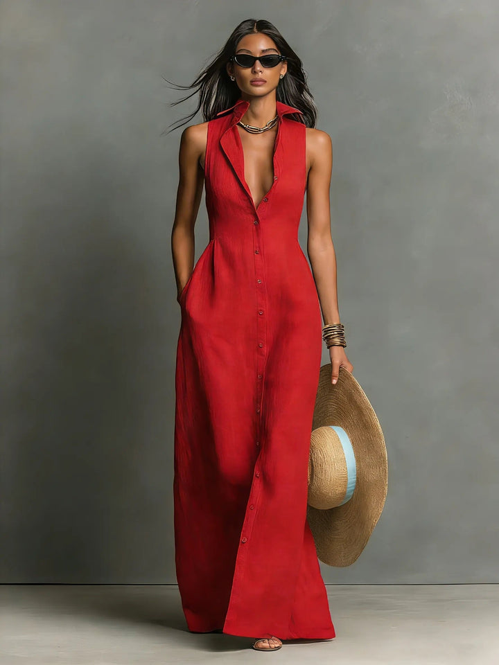 Sleeveless Maxi Shirt Dress with Button Front